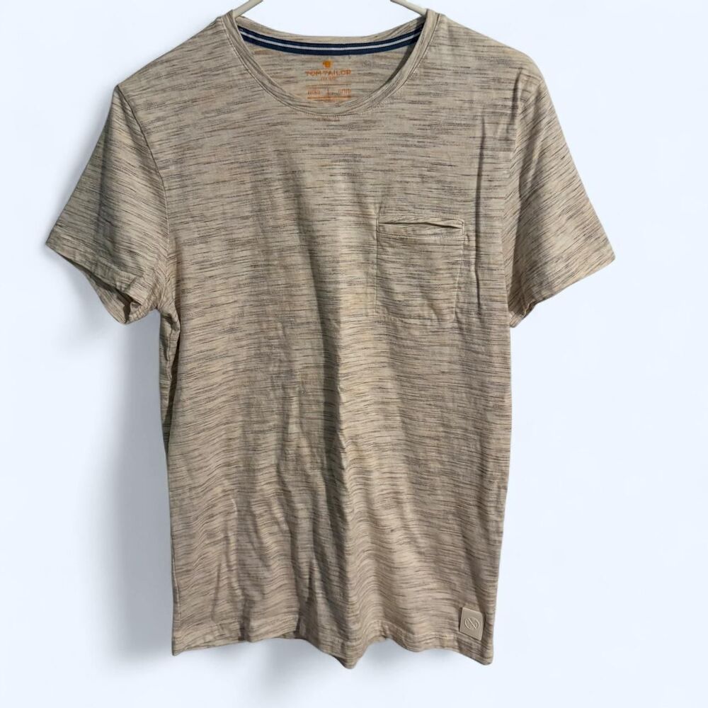 Tom Tailor t-shirt men L cream space dye pocket slub crewneck